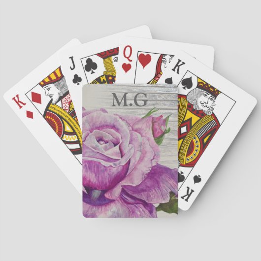 Jeu De Cartes Aquarelle rustique violet Rose Monogramme bois (dos)