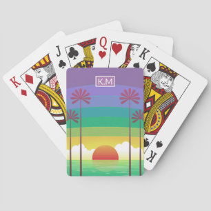 Jeu De Cartes Art de monogramme de palmiers au coucher du soleil