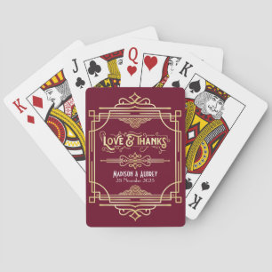 Jeu De Cartes Art Déco Mariage Amour & Merci Gold Burgundy Favor