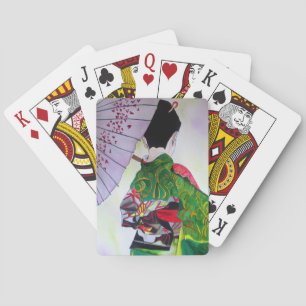 Jeu De Cartes Art japonais Geisha avec kimono et parapluie