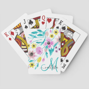 Jeu De Cartes Artsy Fleurs d'été Feuille Aquarelle Monogramme