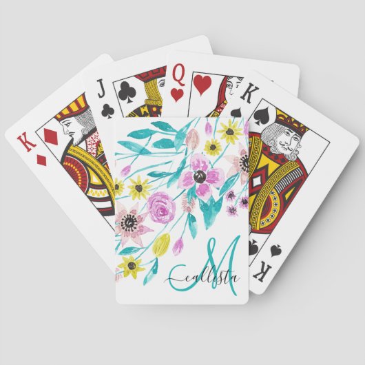 Jeu De Cartes Artsy Fleurs d'été Feuille Aquarelle Monogramme (dos)