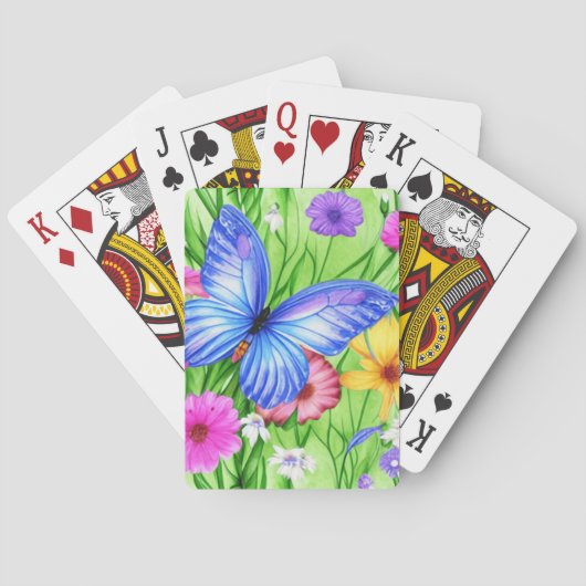 Jeu De Cartes Beau Papillon Bleu avec fleurs Aquarelle (dos)