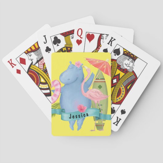 Jeu De Cartes Bébé mignon Hippo avec Flamant rose Nom personnali (dos)