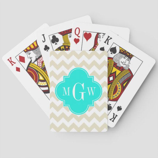 Jeu De Cartes Beige Blanc Chevron Aqua Quatrefoil 3 Monogramme (dos)