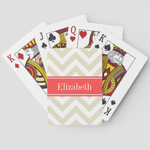 Jeu De Cartes Beige Lg Chevron Corail Nom rouge Monogramme