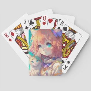 Jeu De Cartes Belle Anime Girl avec Cute Kitten