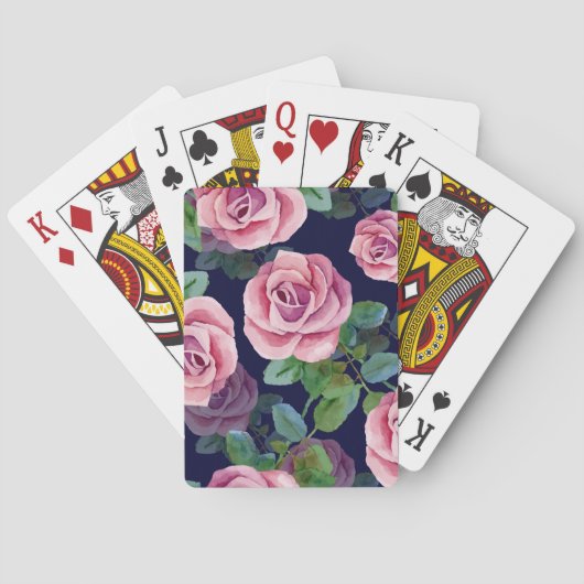 Jeu De Cartes Bleu foncé, Roses Roses Rose Aquarelle. (dos)