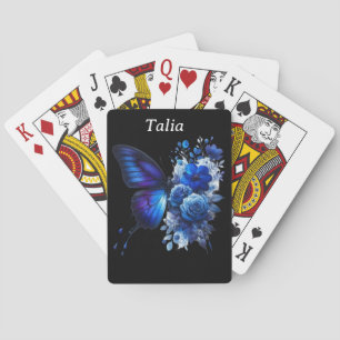 Jeu De Cartes Bleu sur Papillon floral noir Personnalisé