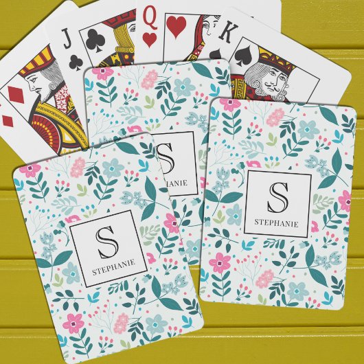Jeu De Cartes Blue and Pink Floral Pattern with Monogram Name