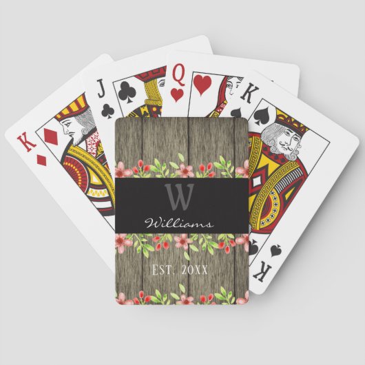 Jeu De Cartes Bois rustique et nom de famille floral monogramme (dos)