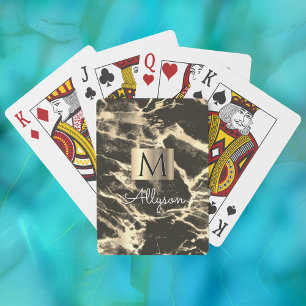 Jeu De Cartes Boîte dorée Marbre Noir et Or, Nom et Monogramme V