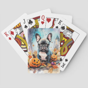 Jeu De Cartes Bulldog français d'Halloween avec citrouilles effr