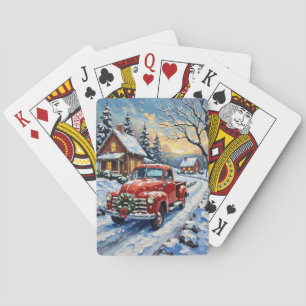 Jeu De Cartes Camion de Noël Rouge Vintage sur Route de Campagne