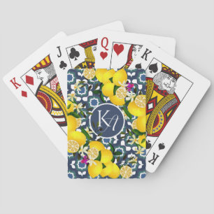 Jeu De Cartes Carreaux Méditerranéens au Citron  Bleu Nuit Blanc