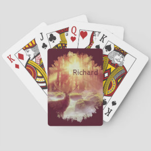 Jeu De Cartes Cerf dans une forêt brumeuse au lever doré