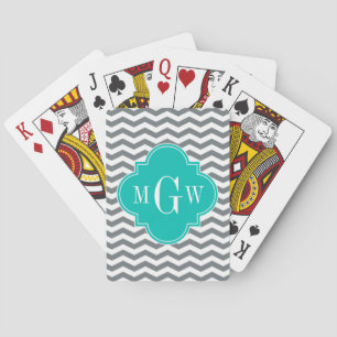 Jeu De Cartes Charbon fin Chevron Turquoise Quatrefoil 3 Monogra