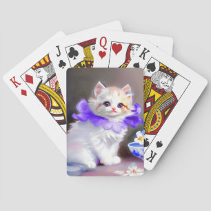 Jeu De Cartes Chat blanc avec collier de fleurs violettes