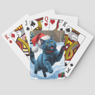 Jeu De Cartes Chat Bleu Russe Courant dans la Neige avec un Chap