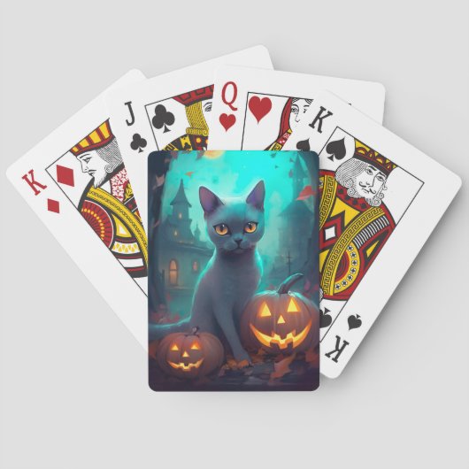 Jeu De Cartes Chat bleu russe d'Halloween avec la peur Citrouill (dos)