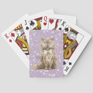 Jeu De Cartes Chat cool marron pailleté violet avec lunettes