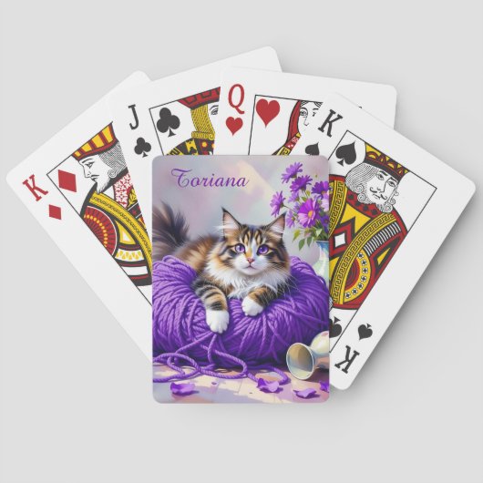 Jeu De Cartes Chat en fil violet et fleurs (dos)