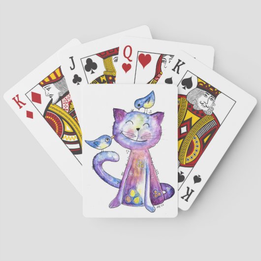 Jeu De Cartes Chat mignon blanc violet avec oiseaux (dos)