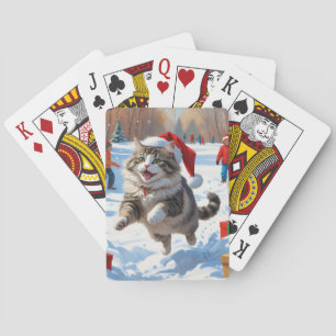 Jeu De Cartes Chat Sibérien Courant dans la Neige avec un Chapea