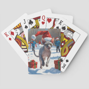 Jeu De Cartes Chat Sphynx courant dans la neige avec un chapeau 