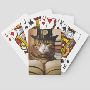 Jeu De Cartes Chat Steampunk avec un chapeau et des livres