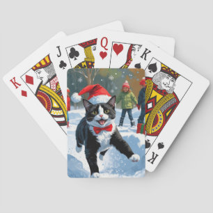 Jeu De Cartes Chat Tuxedo Courant dans la Neige avec un Chapeau