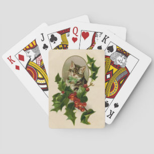 Jeu De Cartes Chaton de Noël victorien au houx antique tabby