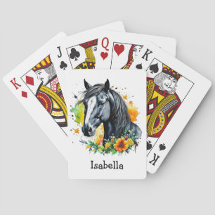 Jeu De Cartes Cheval noir entouré de fleurs Personnalisé