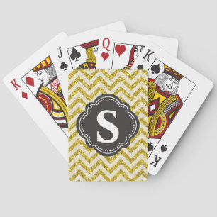 Jeu De Cartes Chevron Faux Pailleté Or & Noir Monogrammé  