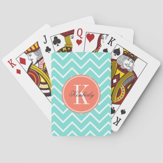 Jeu De Cartes Chevron Turquoise avec Monogramme orange (dos)