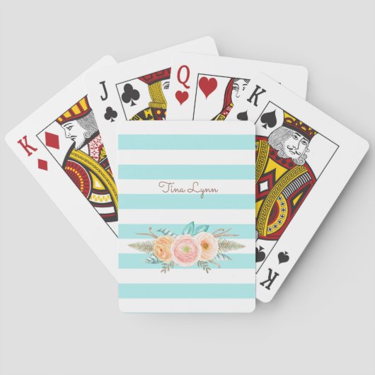 Jeu De Cartes Chic Aqua Stripes Feminine Floral et nom (dos)