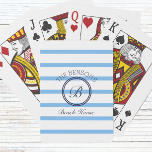 Jeu De Cartes Chic Blue Stripes Monogramme et nom de famille Pla