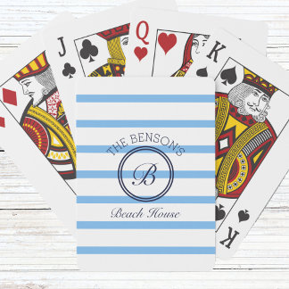 Jeu De Cartes Chic Blue Stripes Monogramme et nom de famille Pla