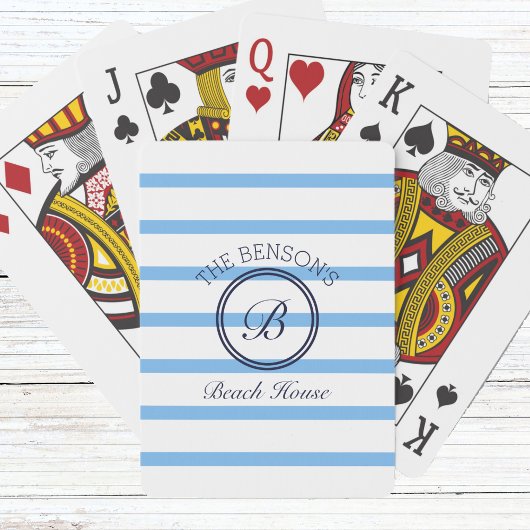 Jeu De Cartes Chic Blue Stripes Monogramme et nom de famille Pla