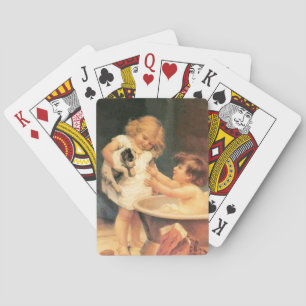 Jeu De Cartes Chien de manchon prenant un bain, vintage, antique