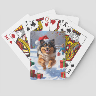 Jeu De Cartes Chien Keeshond courant dans la neige avec un chape