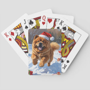 Jeu De Cartes Chow Chow courant dans la neige avec un chapeau de