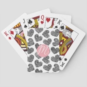 Jeu De Cartes Coeurs de Doodle Noir et Blanc modernes Monogramme