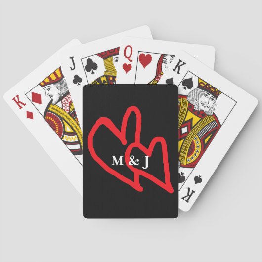 Jeu De Cartes Coeurs de Doodle rouge Couple Initiales monogramme (dos)