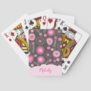 Jeu De Cartes Coeurs gris rose blanc et nom fleuri