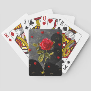 Jeu De Cartes Coeurs Grunge Noir avec Rose Rouge
