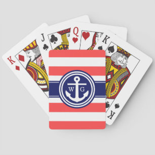 Jeu De Cartes Coral Red Navy Preppy Stripe Ancre Monographie