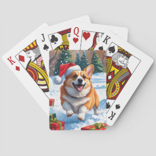 Jeu De Cartes Corgi courant dans la neige avec un chapeau de Noë