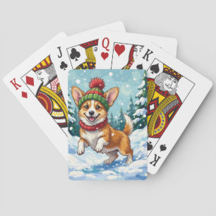 Jeu De Cartes Corgi joyeux bondissant dans la neige avec Pom Pom