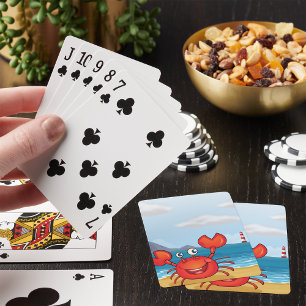 Jeu De Cartes Crabe Rouge Heureux Sur Une Plage Jouant Aux Carte